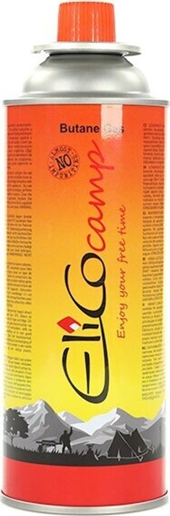A can of butane gas for camping stoves, with a scenic mountain and camping illustration at the bottom.