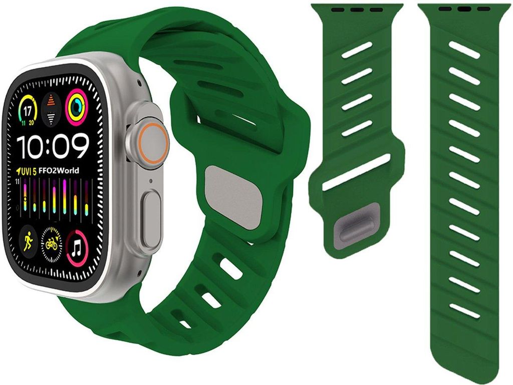FFO2World Silikonarmband für Apple Watch 42–49 mm (Serie 1–11, Ultra) – Sportliches Armband mit abgewinkelten Schlitzen – Grün
