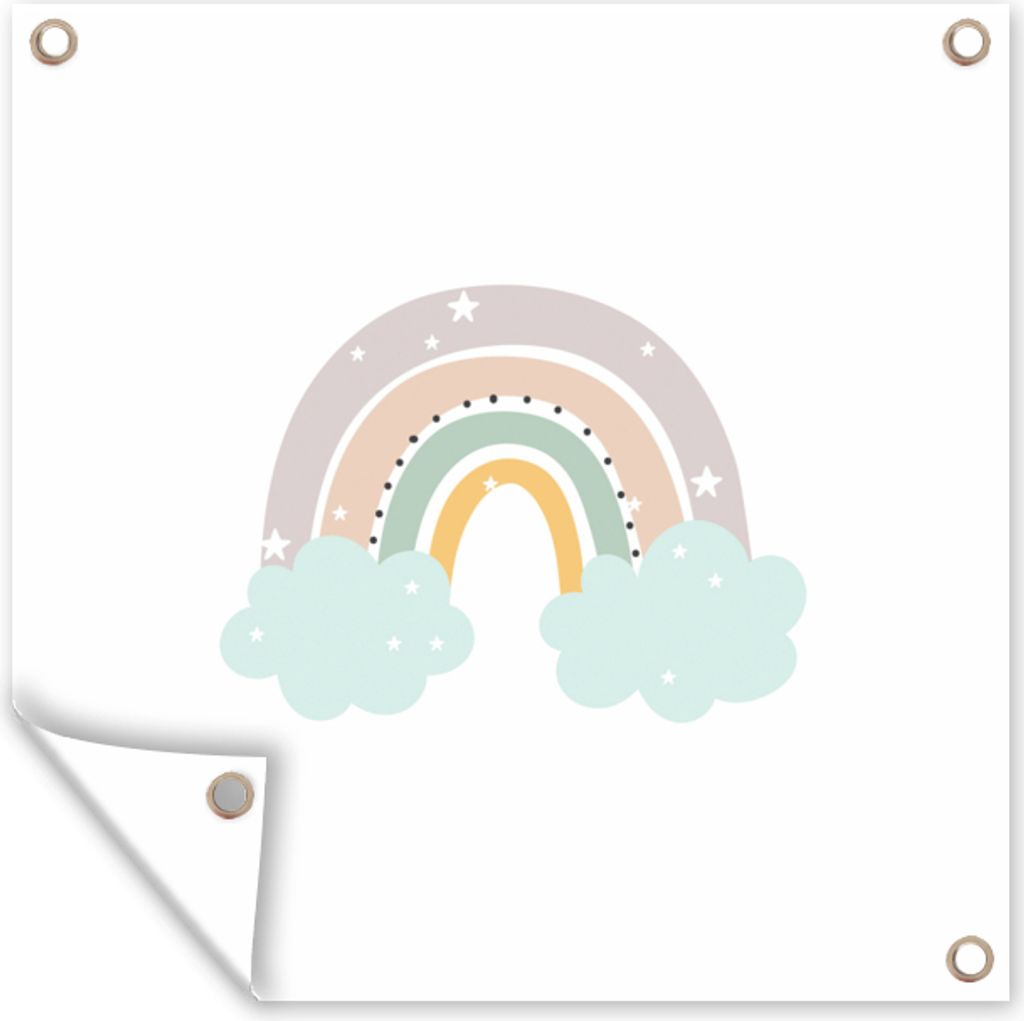 MuchoWow 100x100 cm Outdoor-Poster Gartendeko Sichtschutz Garten Poster für den Garten Regenbogen - Sterne - Punkte - Wolken - Kinder