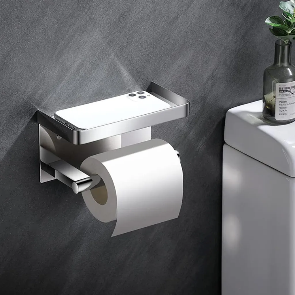 Porte-rouleau WC mural autocollant avec étagère de support en inox gris