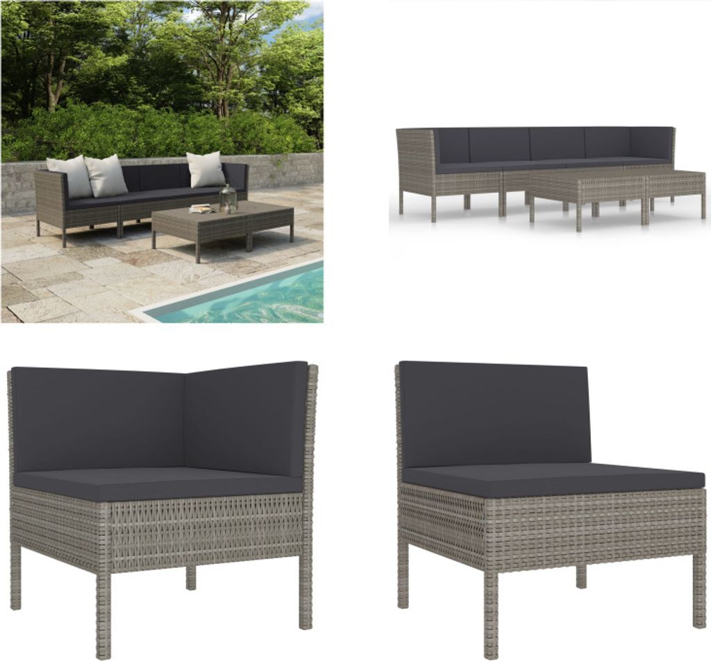 vidaXL 6 tlg. Garten Lounge Set mit Auflagen Poly Rattan Grau - Gartenmöbel-Set - Gartenmöbel-Sets - Gartengarnitur - Gartengarnituren
