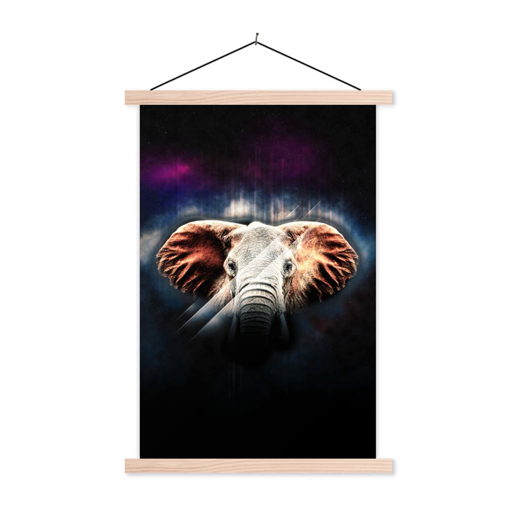 MuchoWow Textilposter Elefant - Schwarz - Farben 120x180 cm mit holzfarbenen Rahmen - Textil-Plakat