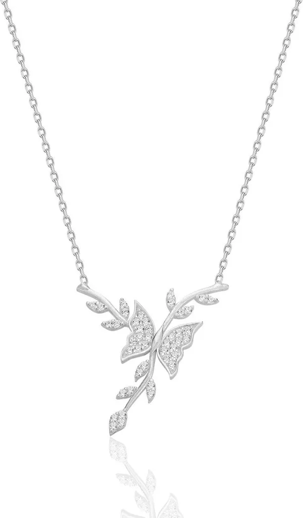 Collier argent 925 rhodié papillon oxyde de zirconium brillant 45cm