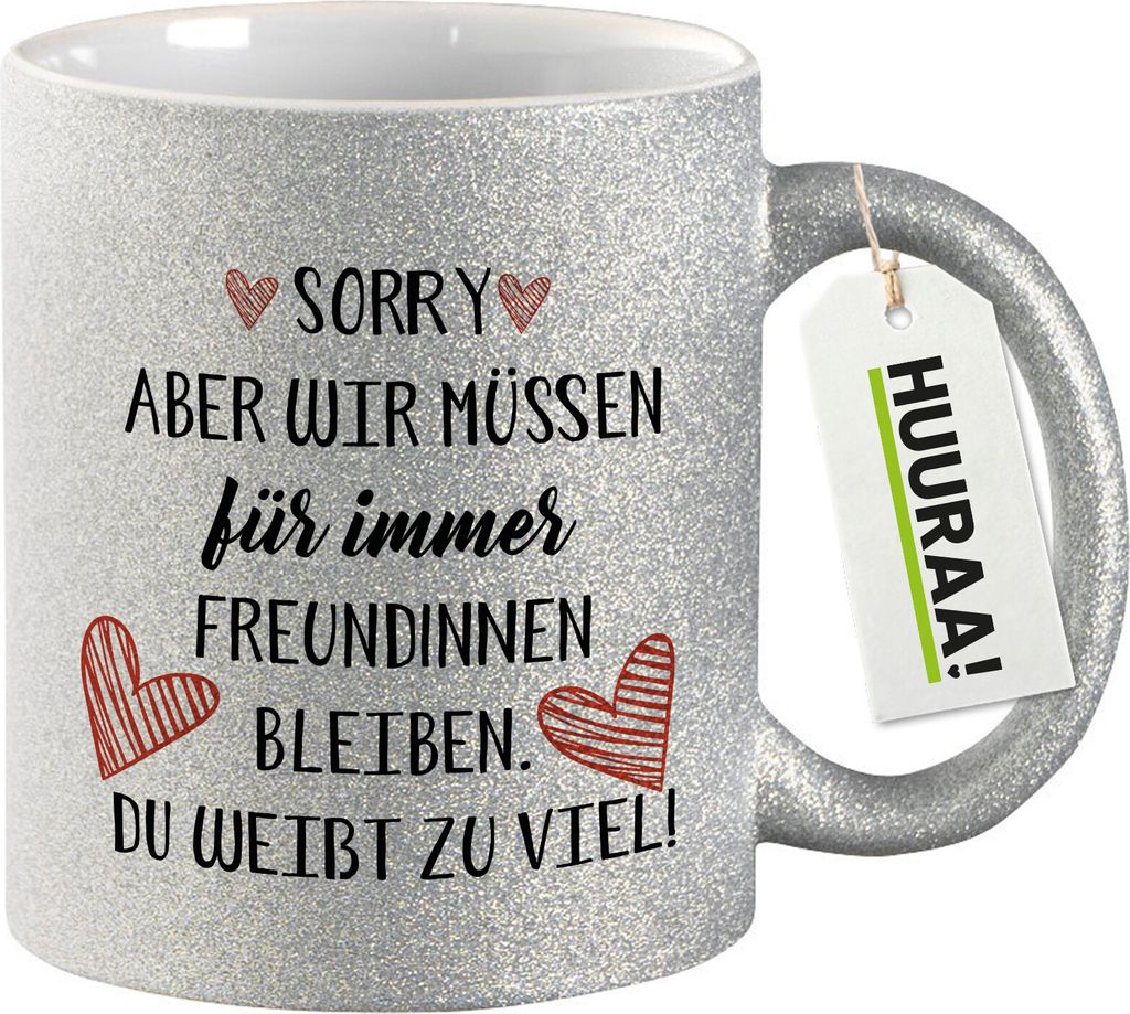 Huuraa Glitzertasse Du weißt zu viel. Müssen für immer Freunde bleiben. 330ml Silber Keramik Kaffeebecher Geschenkidee