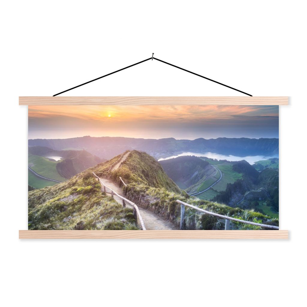 MuchoWow Textilposter Berge - Sonne - Natur 120x60 cm mit holzfarbenen Rahmen - Klemmleiste