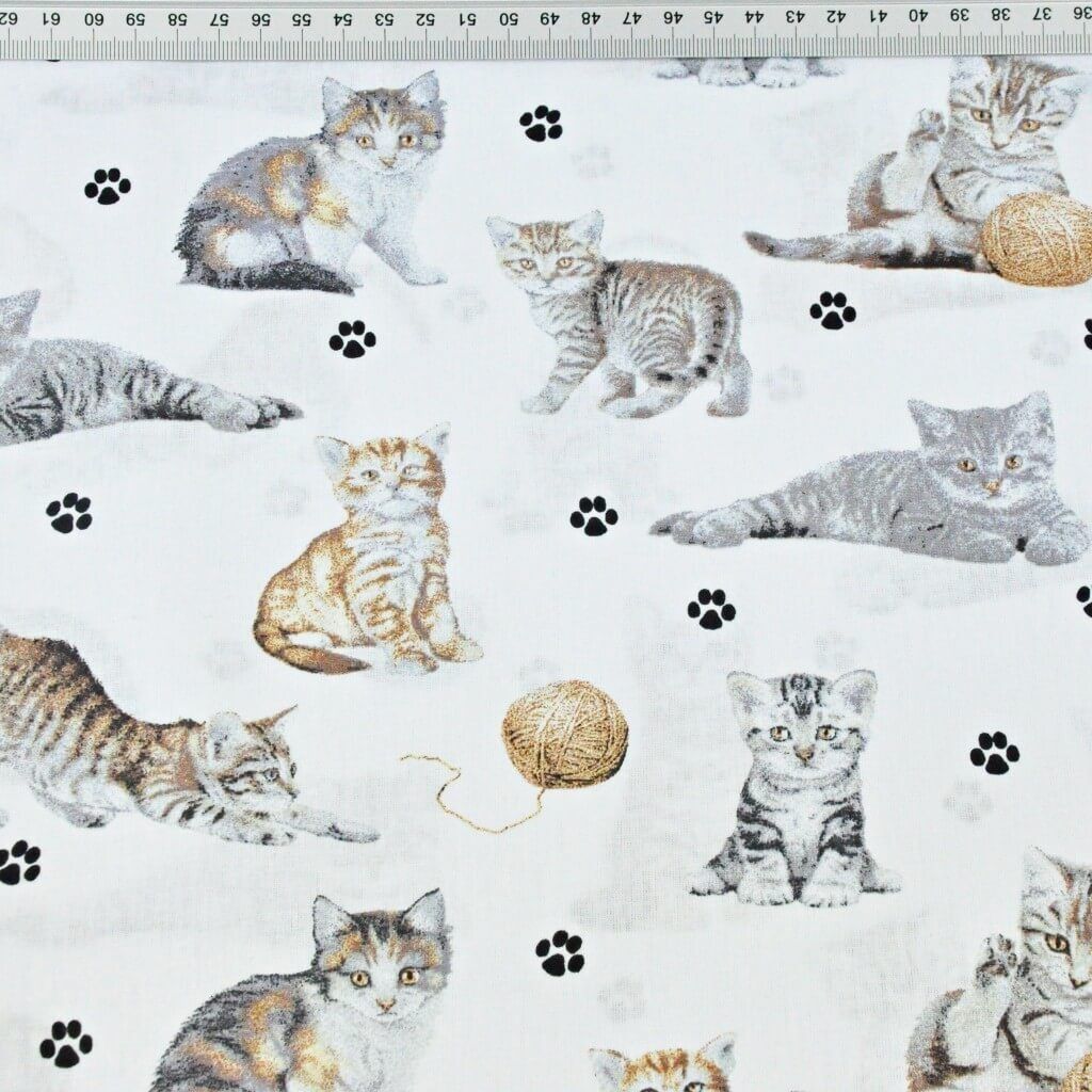 Baumwolle 100% beige-weiße Katzen auf weißem Hintergrund