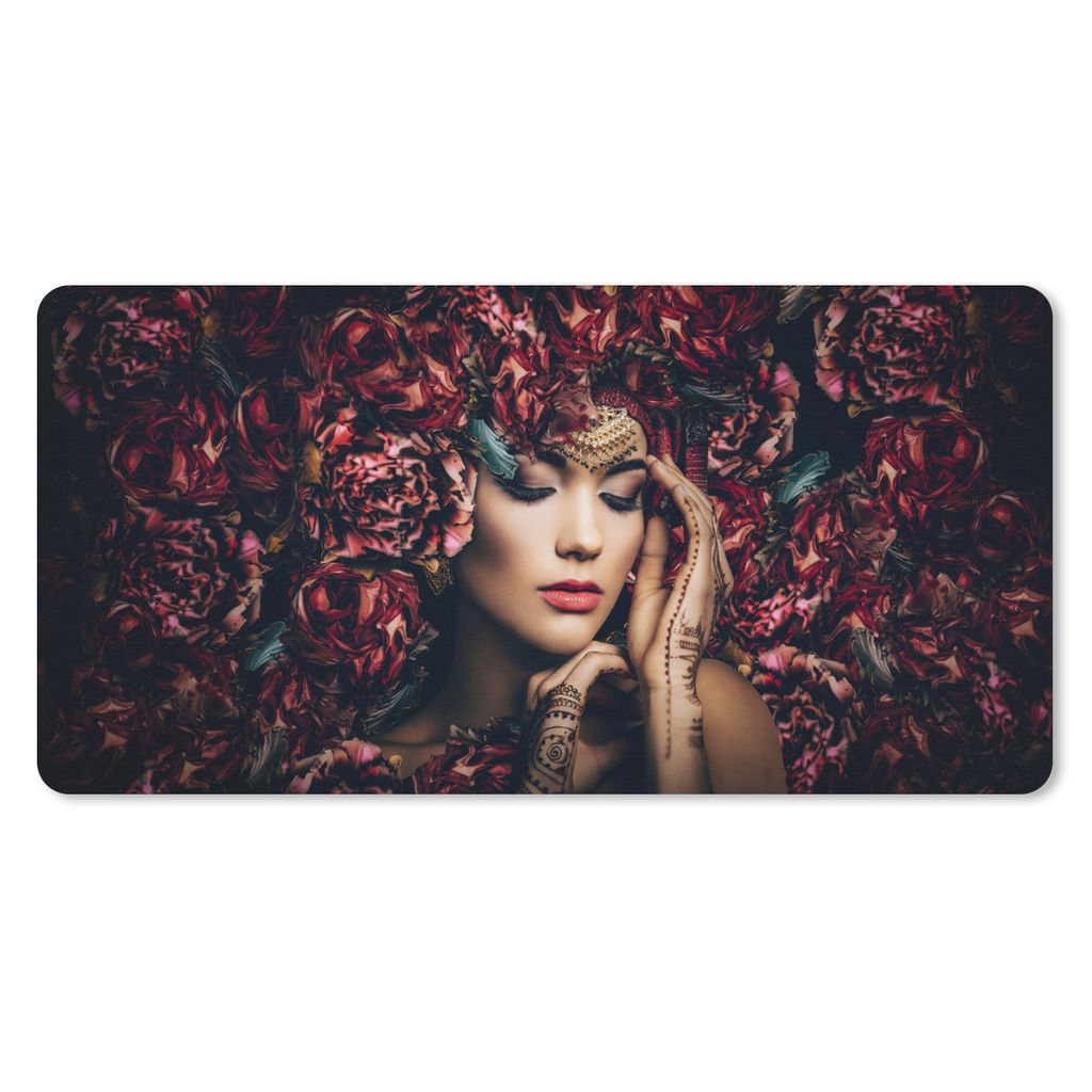 MuchoWow Schreibtischunterlage Frau - Blumen - Henna - Porträt 80x40 cm - XXL Mauspad - Gaming Mauspad