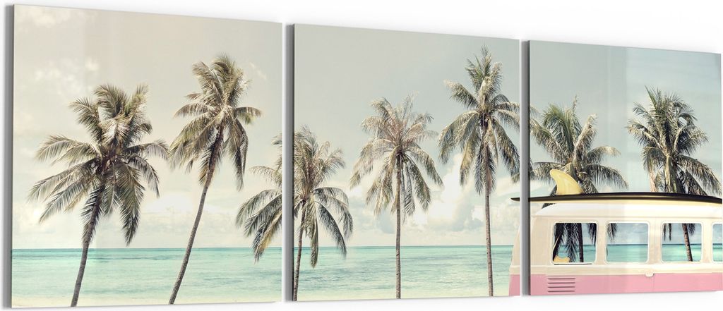 DEQORI Glasbild Echtglas 3x50x50 cm 'Retro Wellenreise' Wandbilder XXL groß