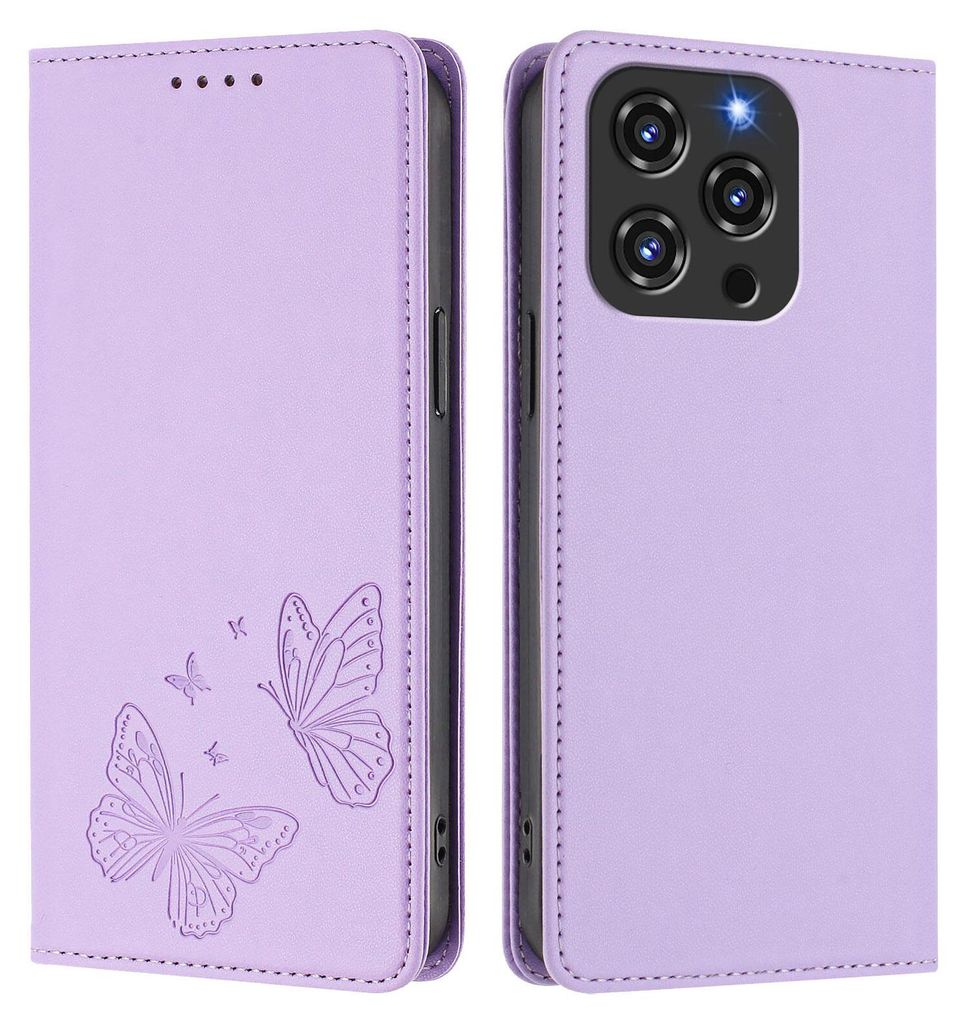 Lederhülle für Oukitel C3 2025, Schmetterling Prägung Leder Brieftasche Schutzhülle mit Ständer Violett