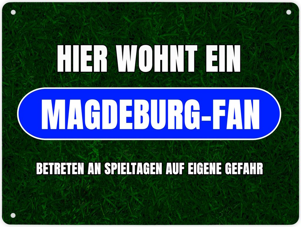 Hier wohnt ein Magdeburg-Fan Metallschild XL in 21x28 cm mit Rasenmotiv