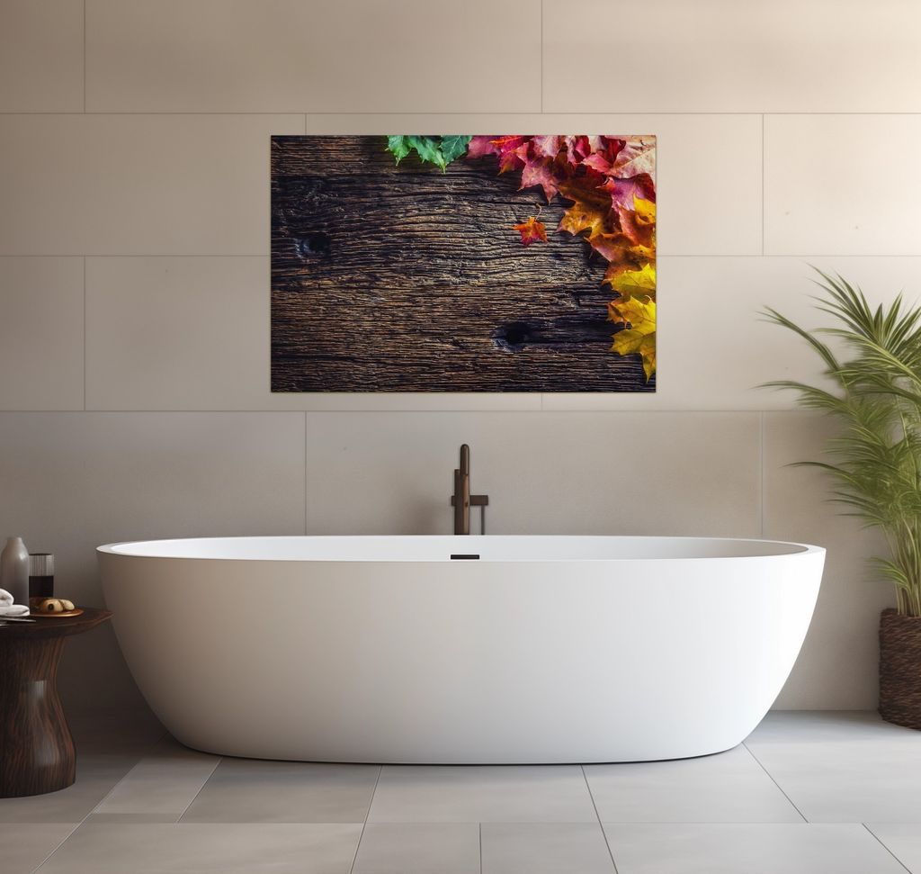 Wallario wasserfestes Poster selbstklebend 91,50 x 61 cm, Herbstblätter auf altem Holz, Badezimmerposter Spritzschutz mit Hochglanzoberfläche in ...