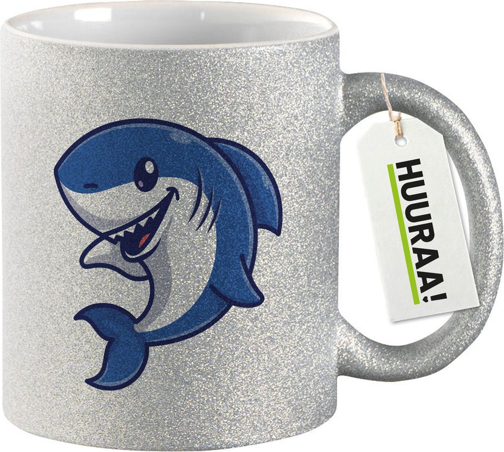 Huuraa Glitzertasse Hai Comic 330ml Silber Keramik Kaffeebecher Geschenkidee