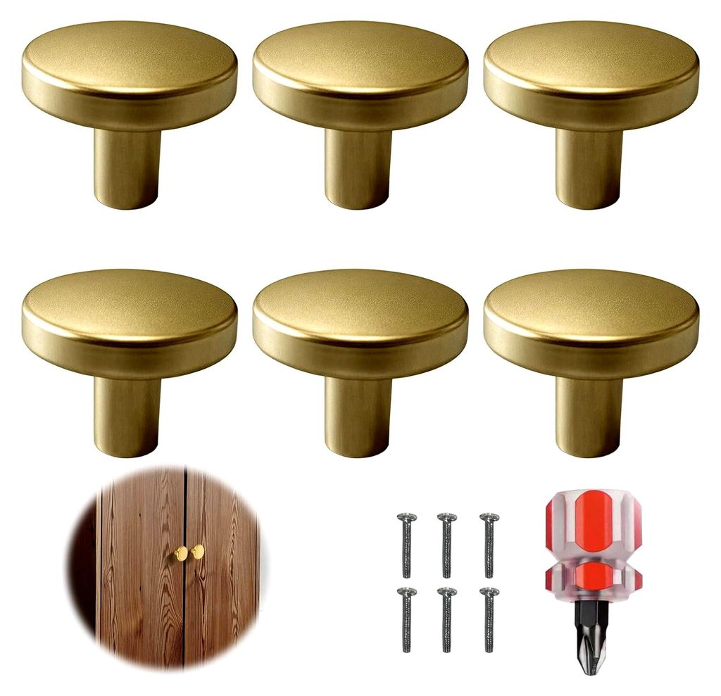 6 Stück Goldene Messing Schubladenknöpfe, Runde Möbelgriffe, Vergoldete Vintage Griffe für Schränke, Kommoden, Sideboards und Schranktüren