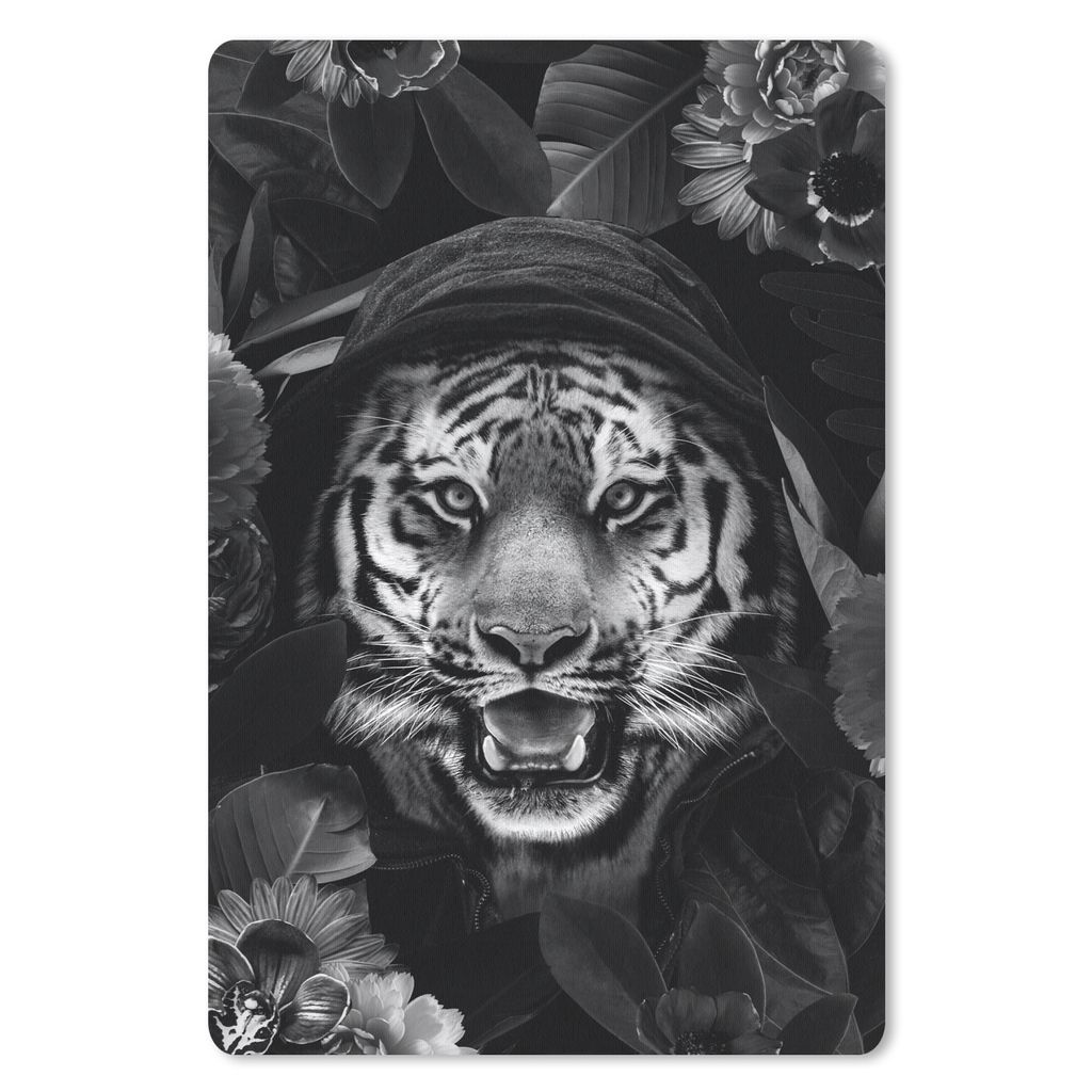 MuchoWow Mauspad Mousepad Tiger mit Kapuze und Blumen - schwarz und weiß 18x27 cm - Mousepads - Maus Mat - Pad - Mausunterlage