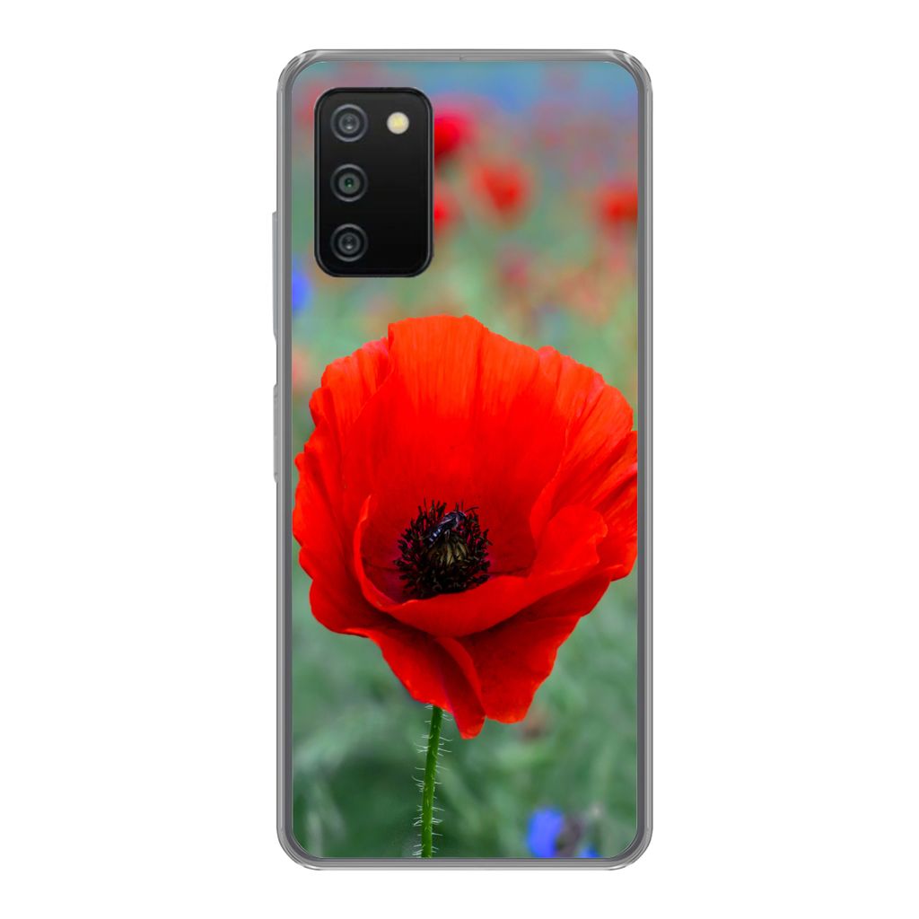 MuchoWow Handyhülle Schutzhülle Hülle für Samsung Galaxy A03s Lila und rote Mohnblumen auf einer Wiese Silikon Softcase Handy Hülle - Schutz