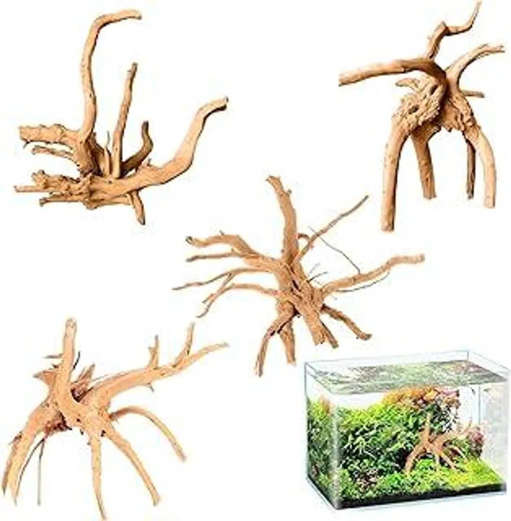4 pezzi di radici per acquario in vero legno naturale Radici per acquario in legno 15-20 cm Radici decorative tridimensionali Struttura porosa per pesci, gamberetti, lumache e tartarughe