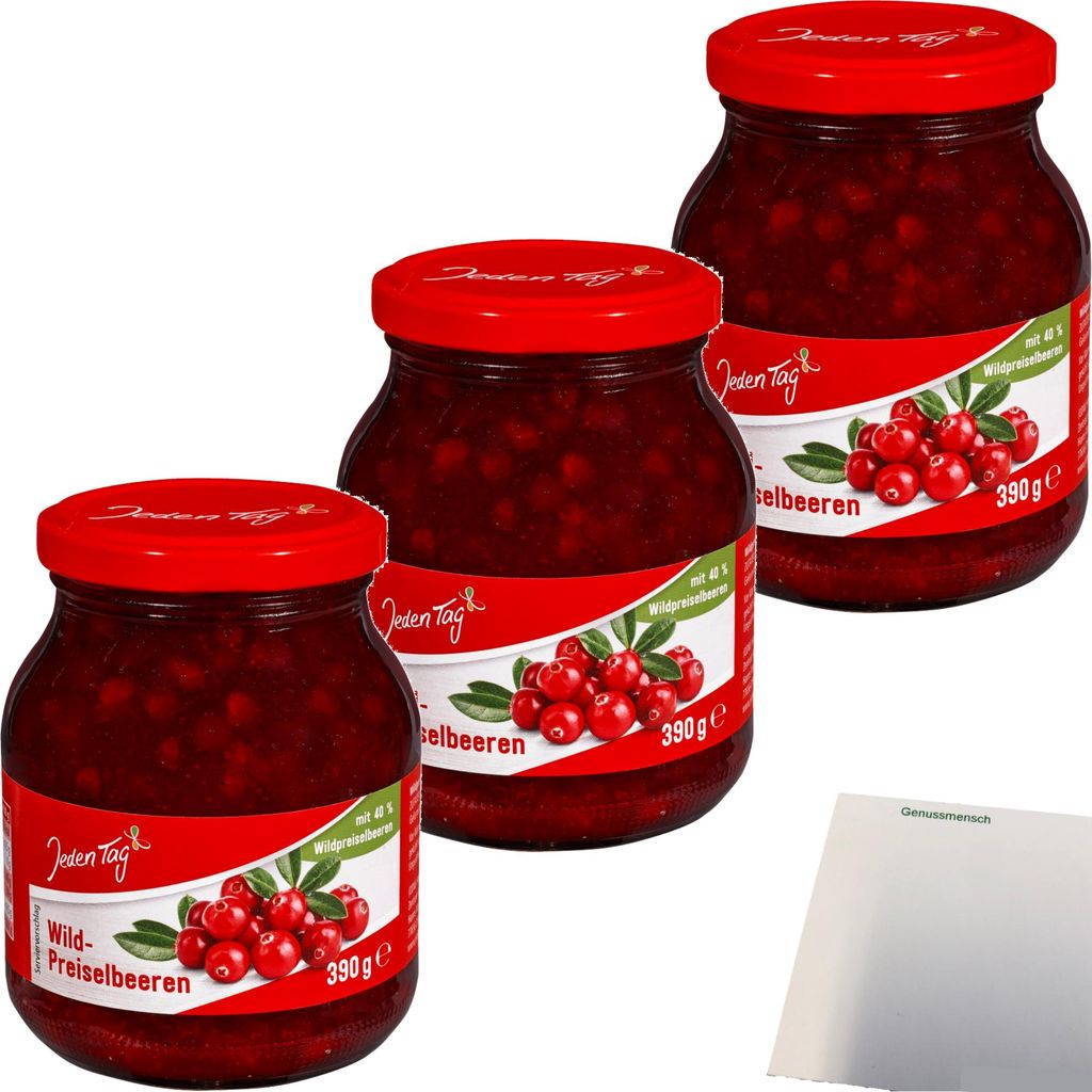 Jeden Tag Wild-Preiselbeeren 3er Pack (3x390g Glas) + usy Block