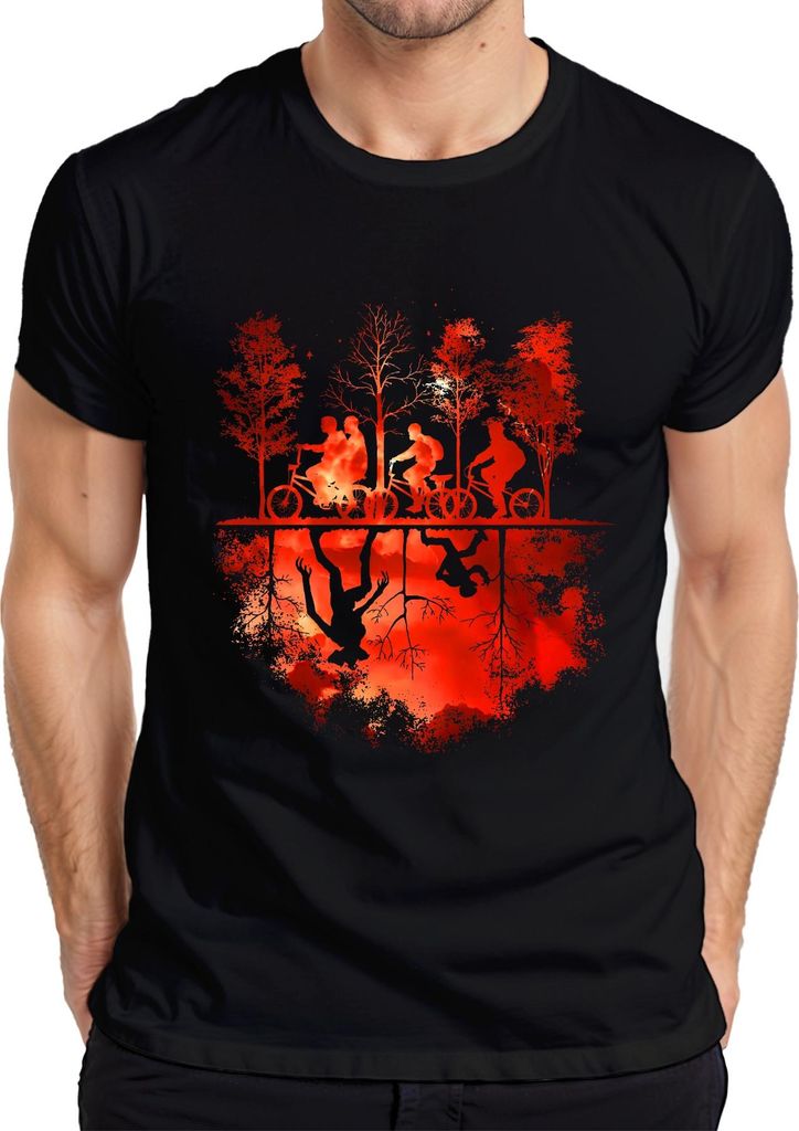 Upside Down Fahrräder Kinder Wald Monster Horror 80er Retro Herren T-Shirt, Schwarz, XL
