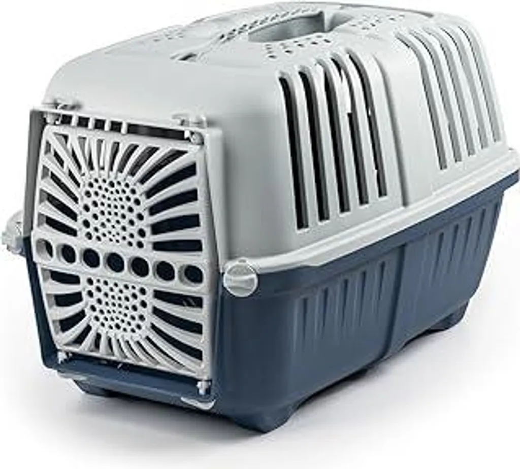 Trasportino per cani Lionto in robusta plastica riciclata, 55x36x36 cm, trasportino con pratico sistema di chiusura e maniglia per il trasporto, adatto anche per gatti e piccoli animali, per animali domestici fino a 15 kg, blu