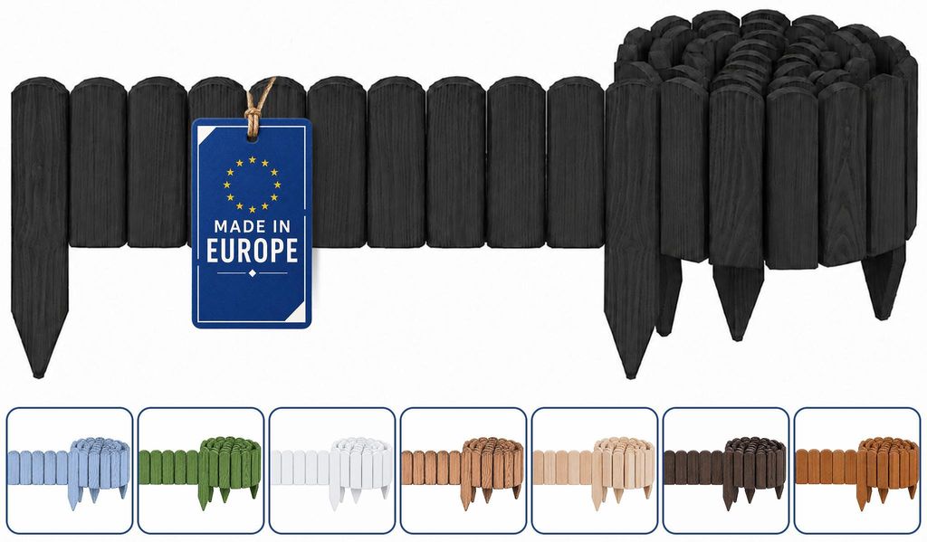 Woodygift Beeteinfassung Holz Rollzaun Gartenzaun Rasenkante Palisade Flexibler Rollborder für Beet und Rasen Graphit 10x200 cm