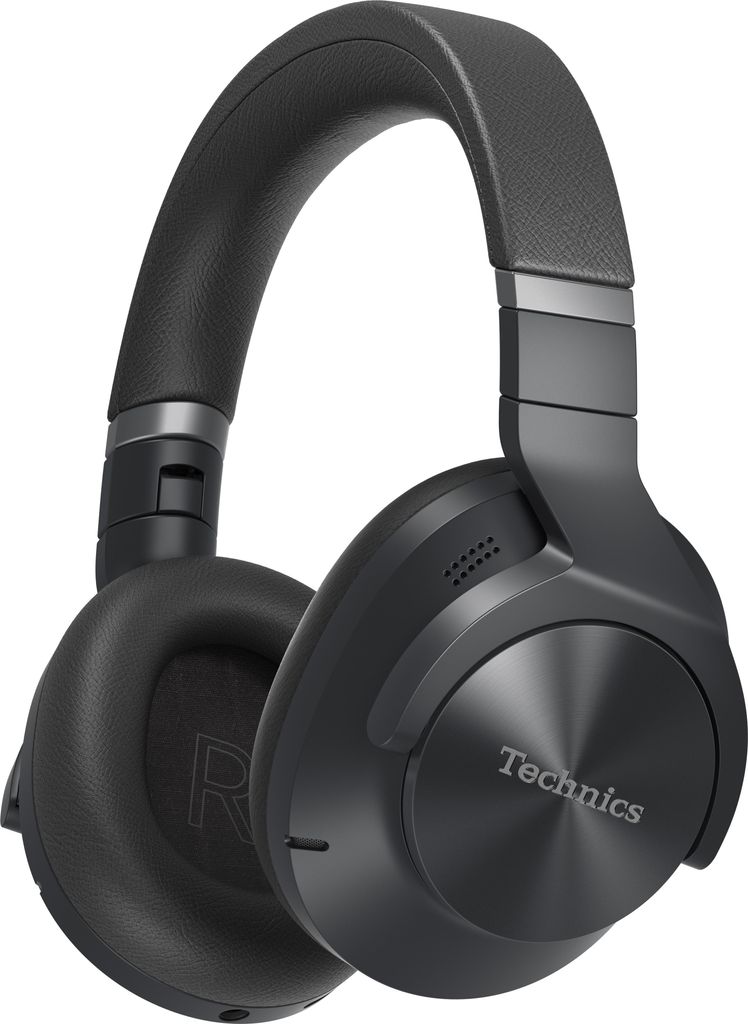 A studio shot of black Technics headphones.
