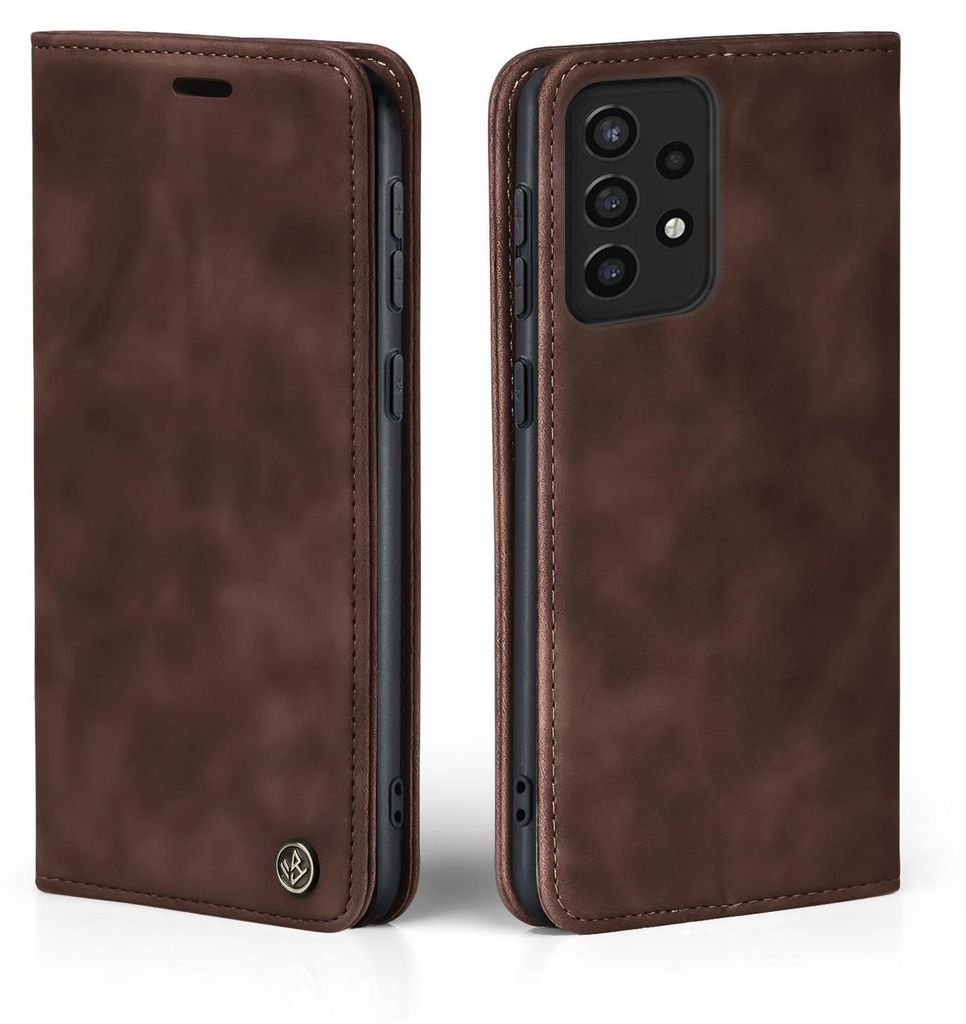 A brown flip cover case for a Samsung Galaxy A72 phone is shown from two angles.