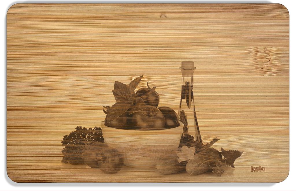 Wallario Frühstücksbrettchen aus Holz 22 x 14 cm, Motiv Frische Salatzutaten mit Kräuter-Öl - Tomaten, Gurke, Petersilie