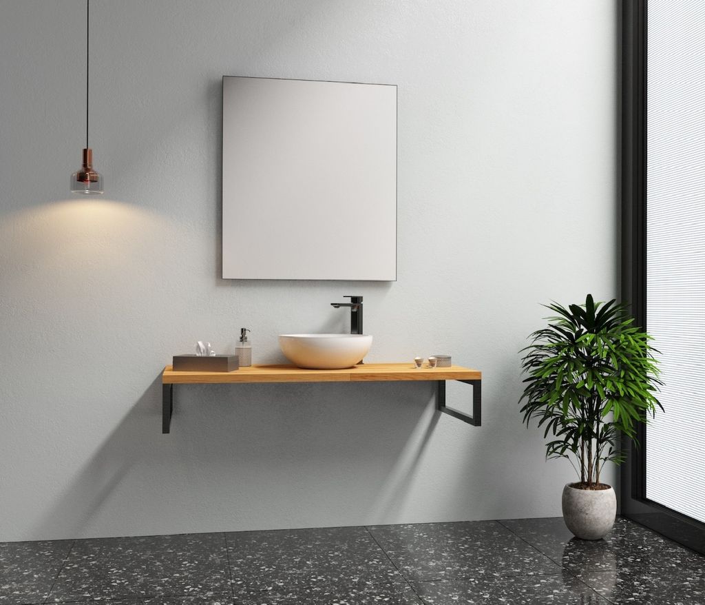 Badmöbel Set Holzplatte+ Keramik Waschbecken Waschale und Spiegel badezimmer Aufsatzwaschbecken Waschschale auf Holzplatte 95cm Waschtisch holz pl...