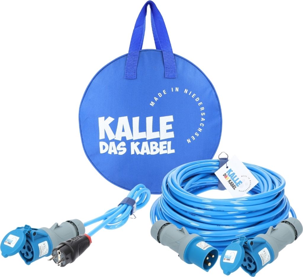 KALLE Camping Starter Set Campingkabel Polyurethan BLAU 3G 2,5 mm² 25 Meter + Adapterkabel 3G 2,5 mm² 1,5 Meter Schuko Stecker auf CEE Kupplung