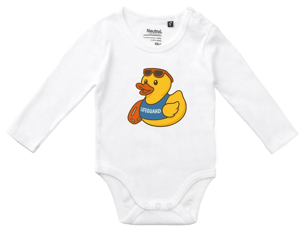 Huuraa Baby Body Quietscheente Bademeister Gummiente Rettungsschwimmer 80 White Baumwolle Fairtrade Langarmbody Geschenkidee