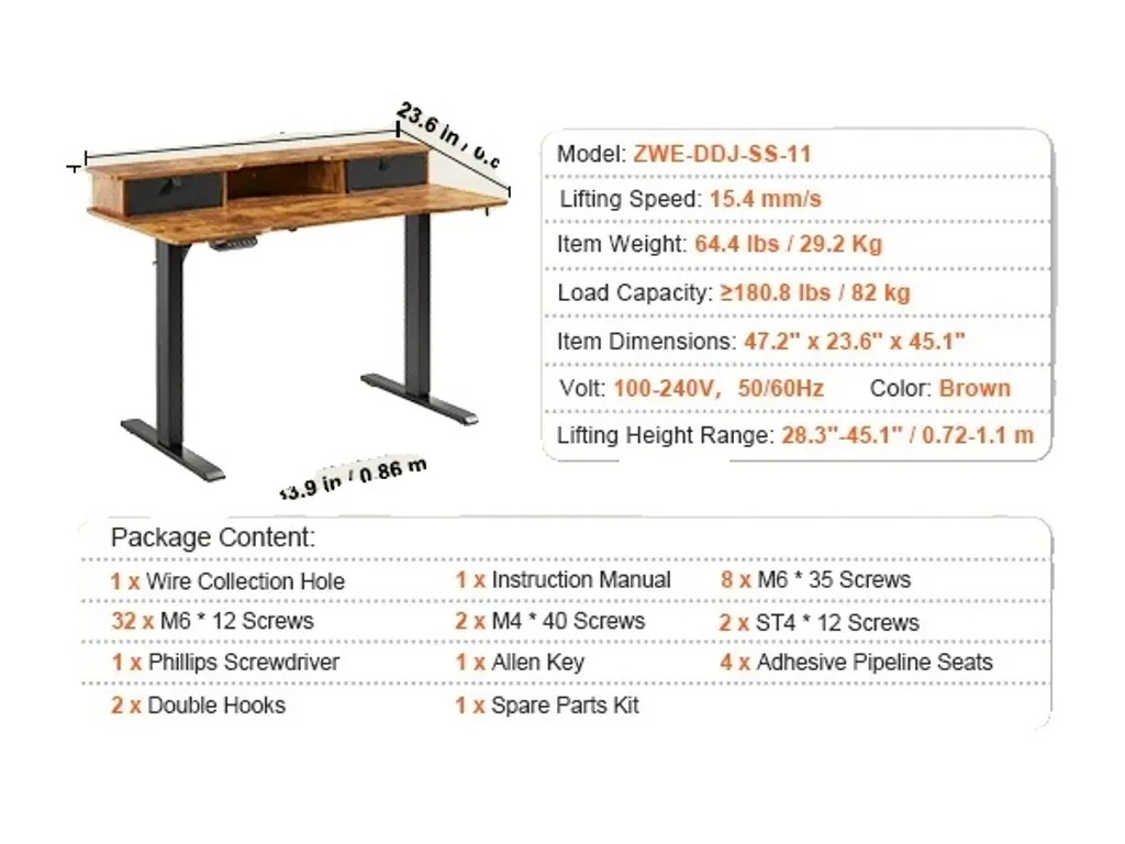 Pupitre debout électrique réglable en hauteur, plateau 120x60 cm ergonomique