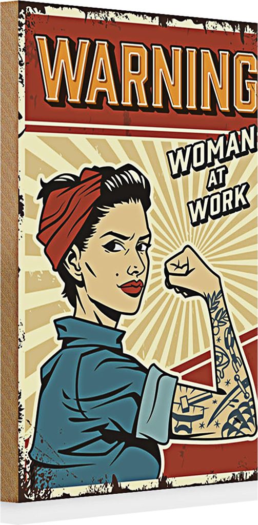 Holzschild Retro 20x30cm warning women at work Frau