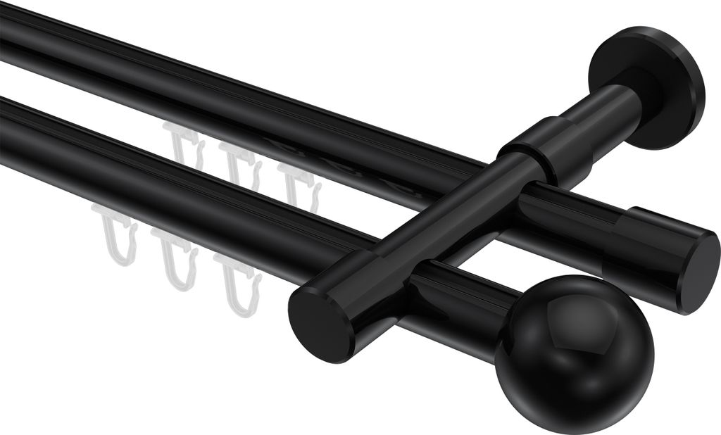 Interdeco Innenlaufstange / Gardinenstange mit Innenlauf Schwarz, Typ Prestige Luino (Kugel), 20 mm Ø 2-läufig, 200 cm