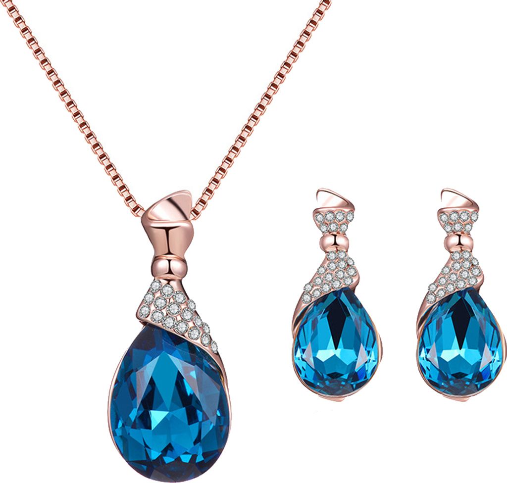 Frauen Wasser Tropfen Form Strass Anhänger Ohr Stud Ohrringe Halskette Schmuck Set-Golden