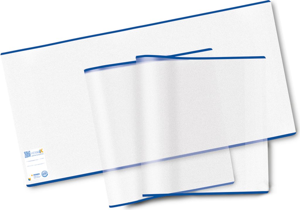 Three transparent book covers with blue trim are layered on a white background.