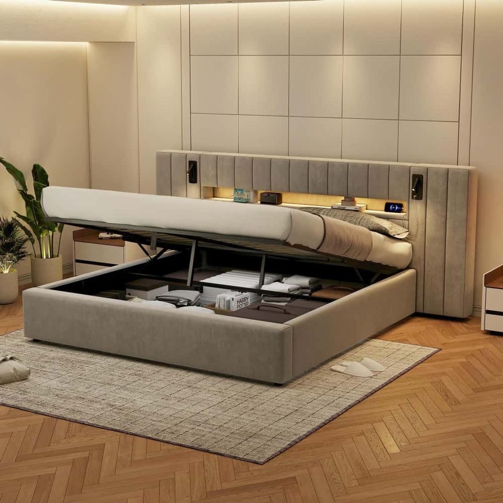 AIORBER Polsterbetten,180 x 200 cm,LED-Lichtleiste,mit Nachttischlampe, mit Stauraum ,Bettgestell aus Samt, Doppelbetten, mit USB-Anschluss,Grau