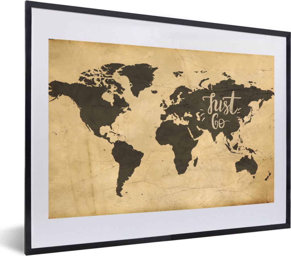 MuchoWow MuchoWow Gerahmtes Poster Weltkarte - Just Go - Vintage 60x40 cm - Poster mit zchwarzem Bilderrahmen - Schlafzimmer - Plakat in Rahmen...
