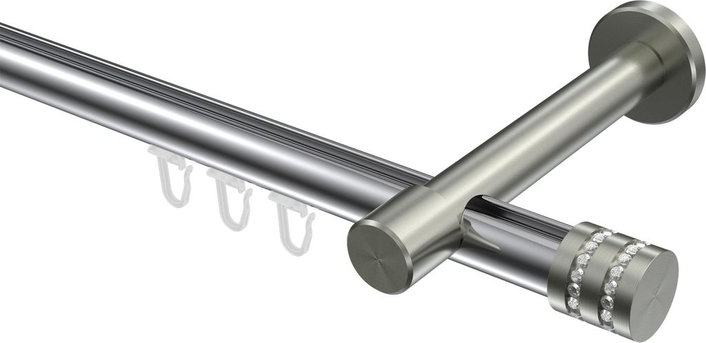 Interdeco Innenlaufstange / Gardinenstange mit Innenlauf Chrom / Edelstahl-Optik, Typ Prestige Estana (Glitzerkappe), 20 mm Ø 1-läufig, 140 cm