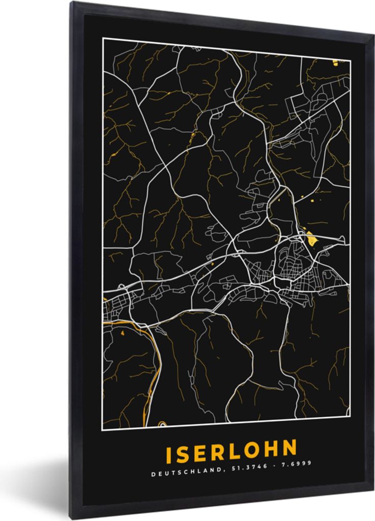 MuchoWow Gerahmtes Poster Iserlohn - Gold - Stadtplan - Karte - Deutschland 20x30 cm - Poster mit Schwarzem Bilderrahmen Wandposter Rahmen Foto B...