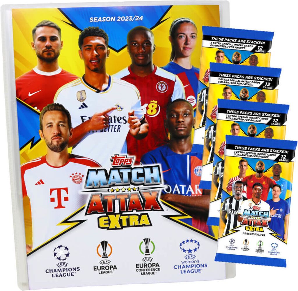 Topps Match Attax Karten Champions League Extra 2023-2024 - 1 Mappe + 4 Booster Sammelkarten