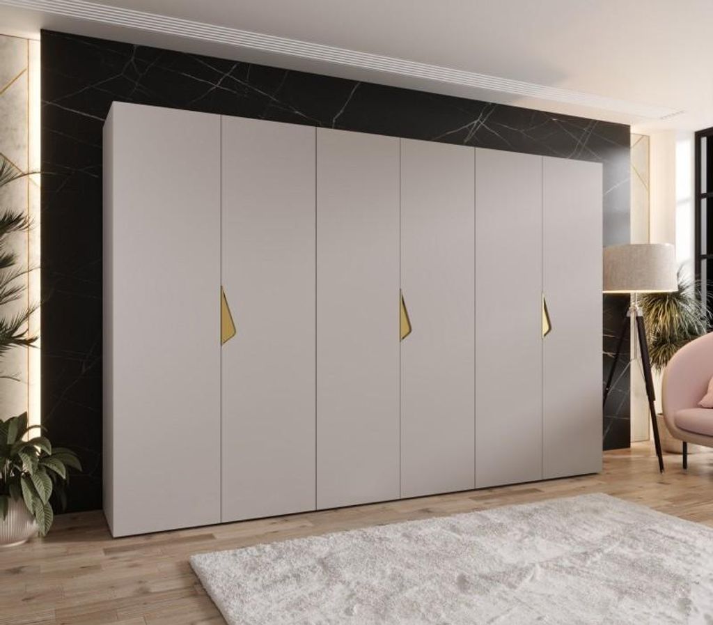 Eleganter Kleiderschrank 300 cm AMARIS 1 - Kaschmir / goldene Griffe