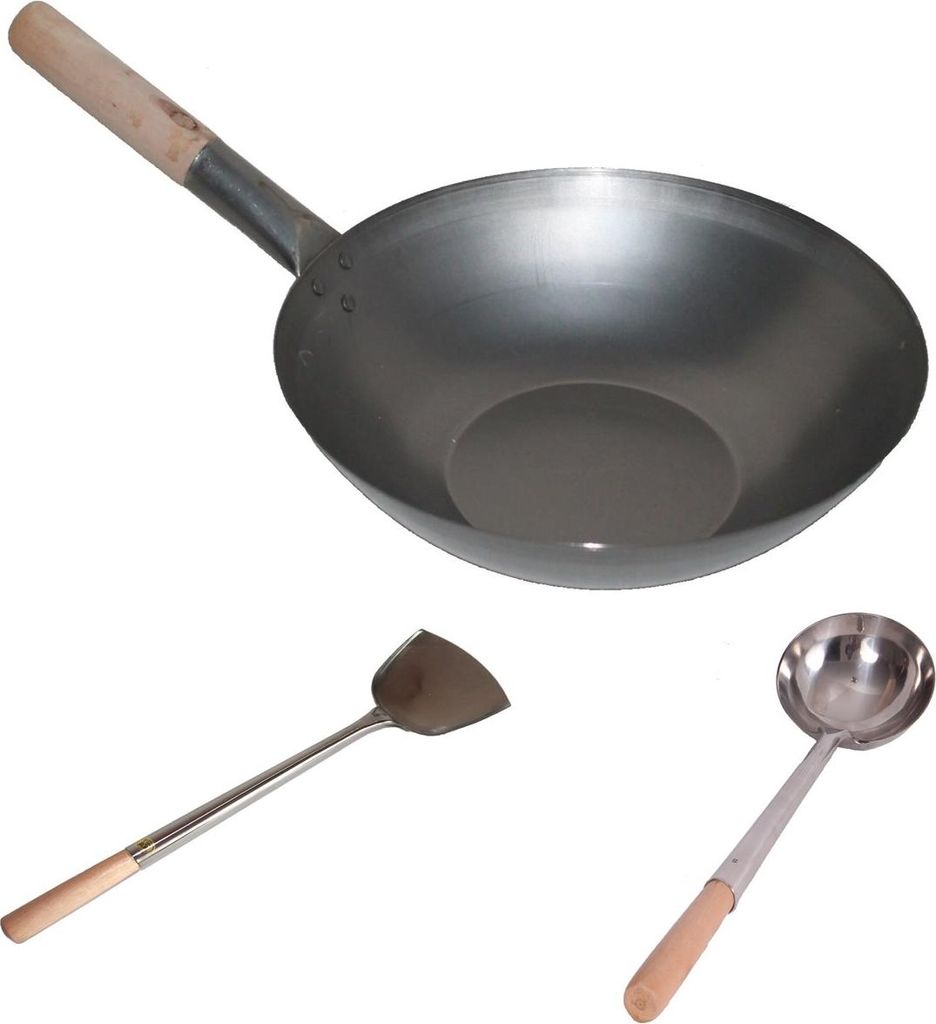 WOK SET, 30FB-K02-S04, Wok Pfanne 30 cm Ø flacher Boden Kohlenstoffstahl + Kelle + Spathel Edelstahl mit Holzgriff, AAF Nommel
