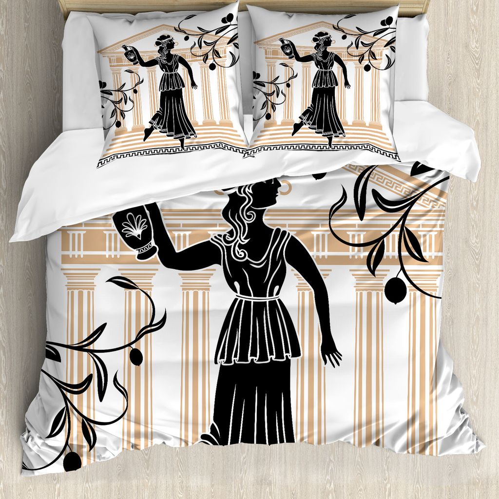 ABAKUHAUS Retro Bettbezug, Griechische Frau und Amphora, Milbensicher Allergiker geeignet mit Kissenbezügen, 200 cm x 200 cm - 80 x 80 cm, Sand Br...