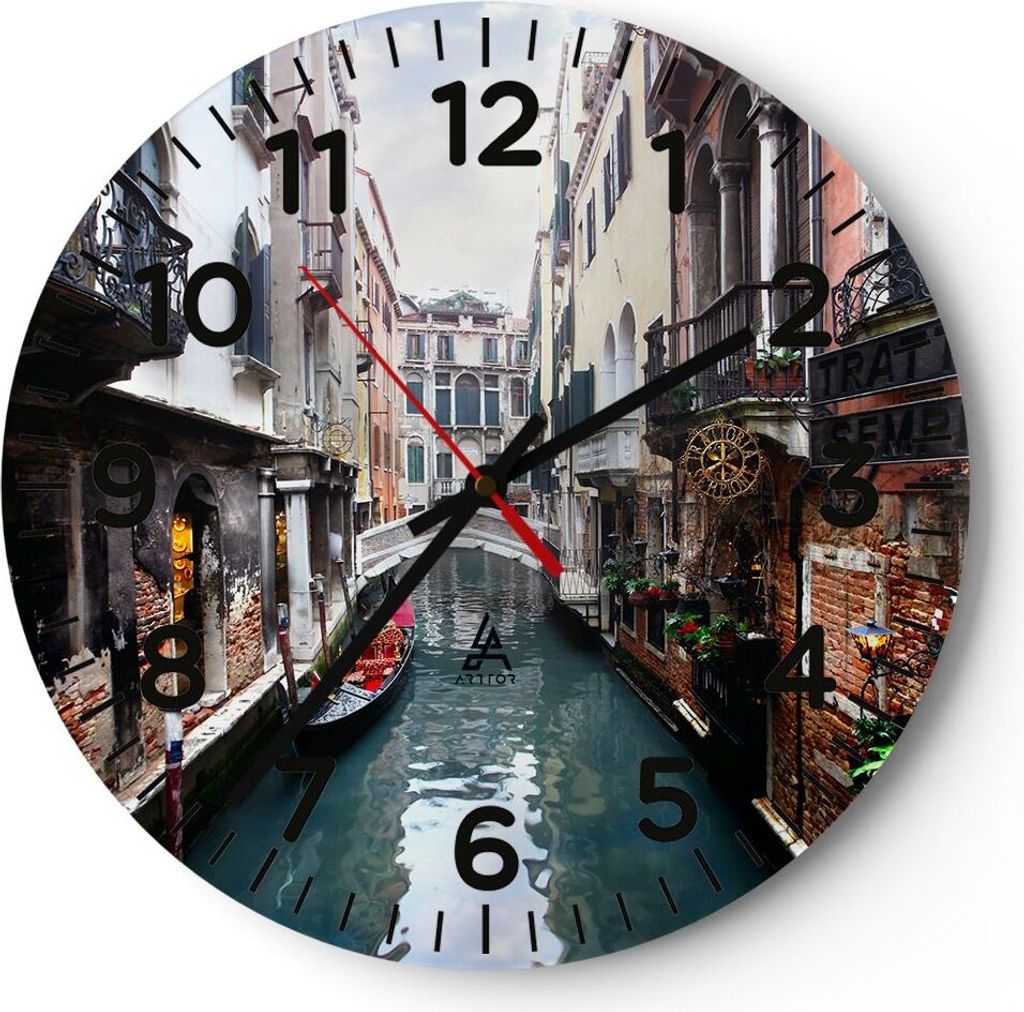 Wanduhr - Rund - Glasuhr - Boot Brücke Tourismus Venedig - 30x30cm - Schleichendes Uhrwerk - Lautlos - zum Aufhängen bereit - Dekoration Modern -...
