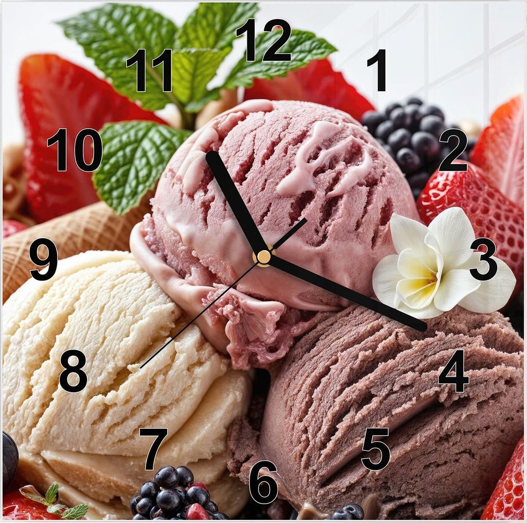 Wanduhr aus Glas mit Motiv Eiswaffelmit Obst- 30 x 30 cm - inkl. Aufhängesystem