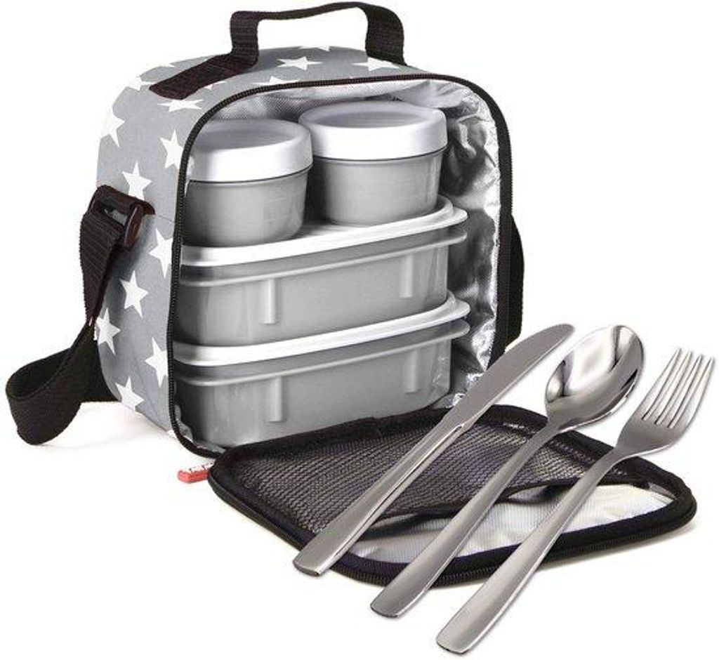 Isolierte Thermokühlbox, Lunchbox, Tragetasche, gekühlt, 4 feste Behälter, Besteck, Grau