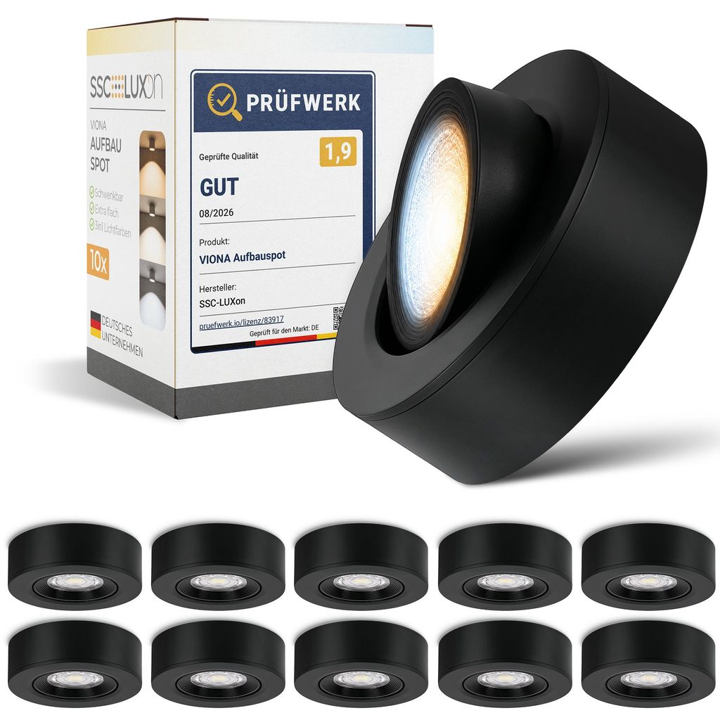 10er Set SSC-LUXon VIONA LED Aufbaustrahler flach schwarz Produktbild 