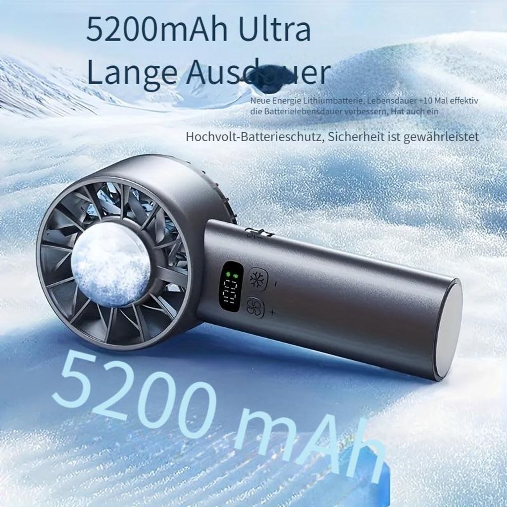 5200mAh eisgekühlter Handventilator 3-in-1, 100-Stufen-LED-Display Luxus, tragbare Hand Ventilatoren für Zuhause/Büro/Reisen Schwarz