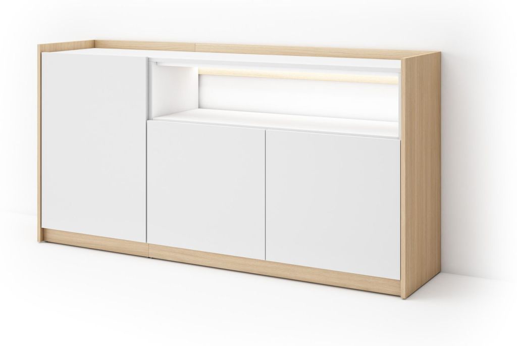 Sideboard Holzeffekt weiß und eiche 156x37x80cm mit Led