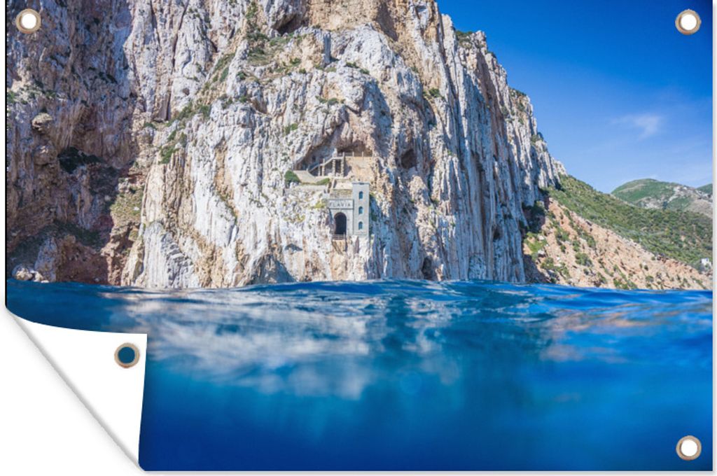 MuchoWow 90x60 cm Outdoor-Poster Gartendeko Sichtschutz Garten Poster für den Garten Der Blick auf das blaue Meer und die Klippen von Masua